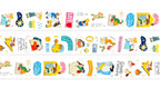 Set of colorful washi tape strips with various designs and text.