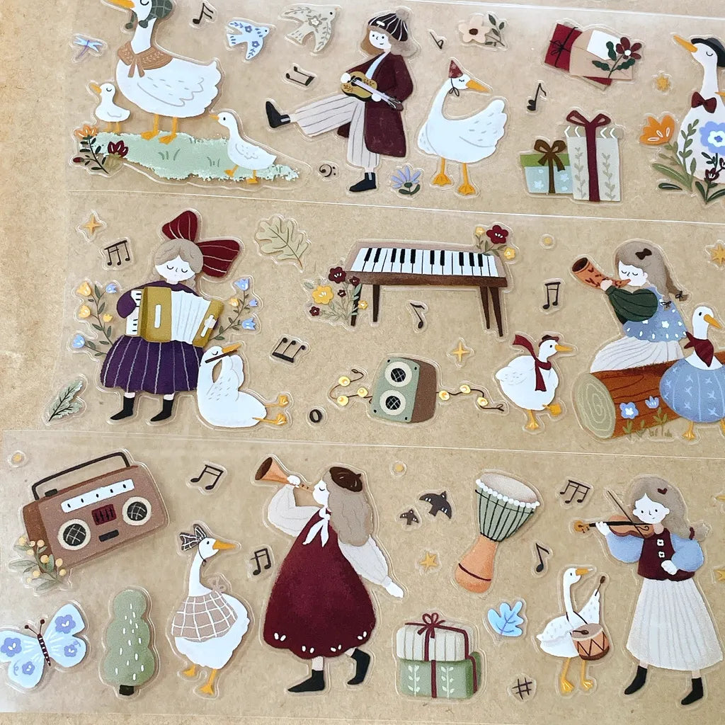 Forest Concert PET Tape by Yier — folk-art musicians and swans PET tape design, for journaling