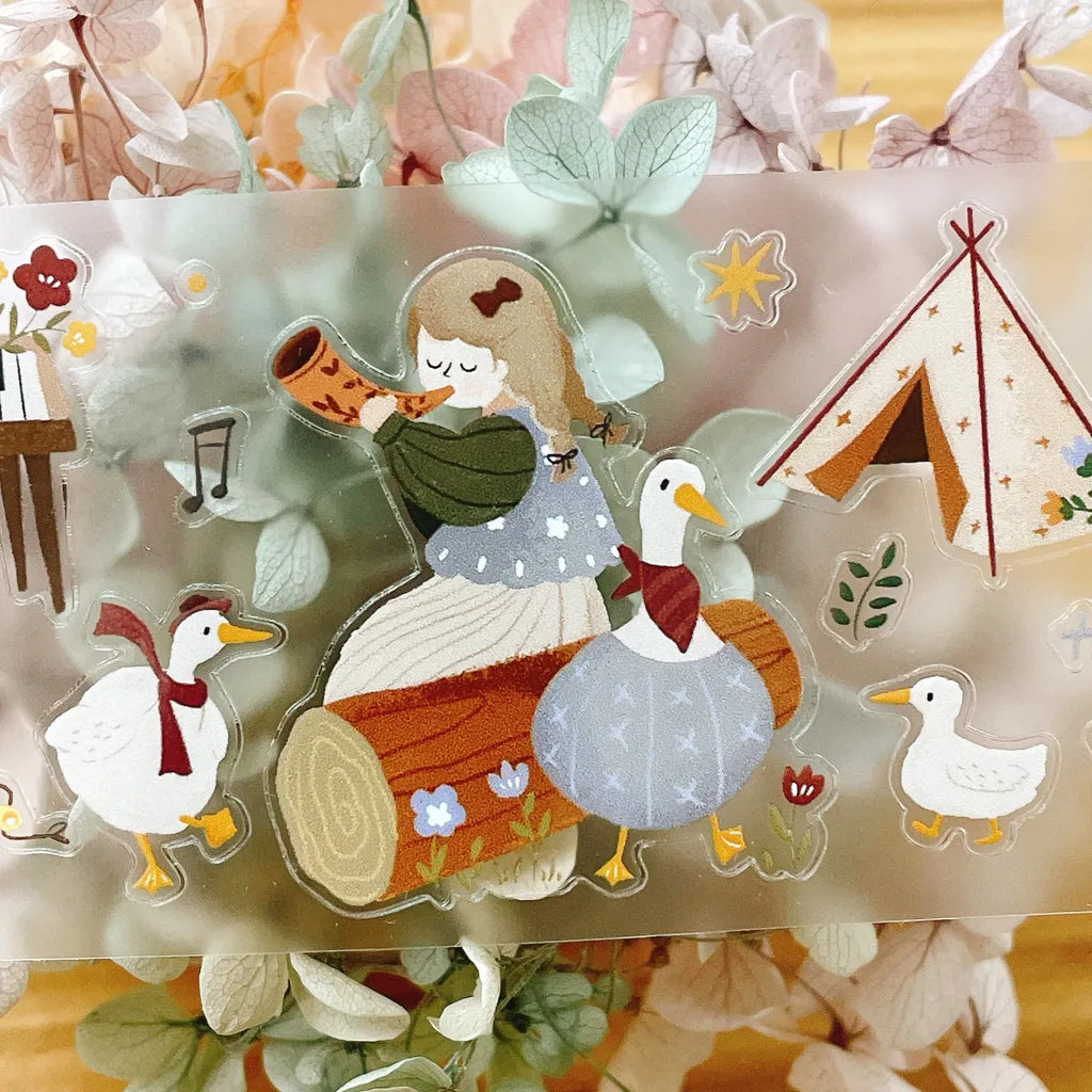 Forest Concert PET Tape by Yier — flute-girl, ducks and tent PET tape design, for journaling