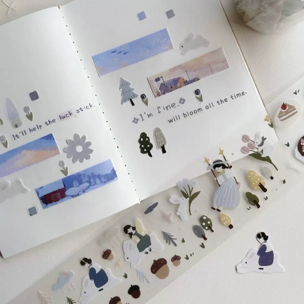 Forest Picnic PET Tape by Yier — cosy character designs on clear PET deco tape with a notebook, for journaling