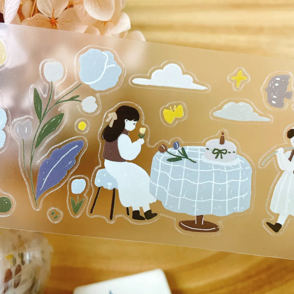 Forest Picnic PET Tape by Yier — girl at a table PET tape design close-up, for journaling