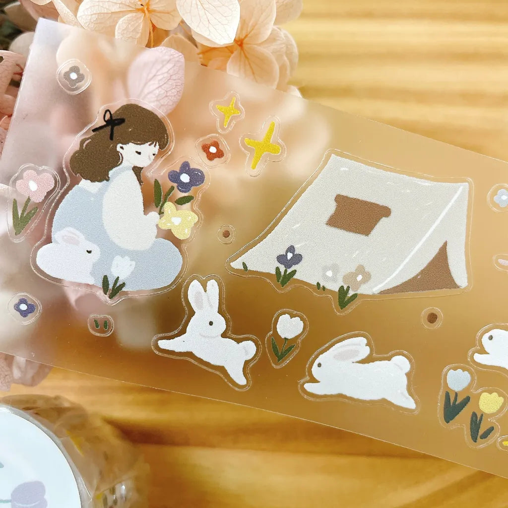 Forest Picnic PET Tape by Yier — girl by a tent camping PET tape design, for journaling