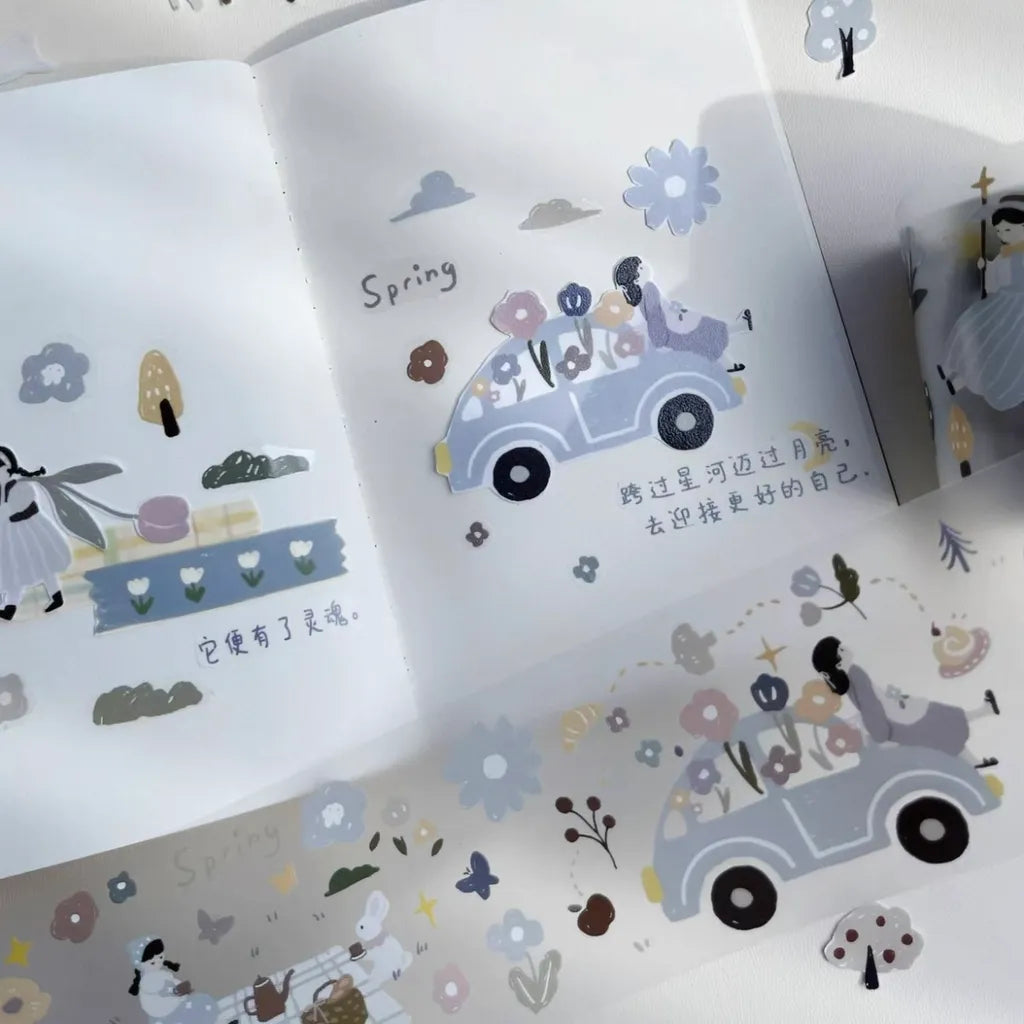 Forest Picnic PET Tape by Yier — pastel spring cars and trees PET tape in a journal spread, for journaling