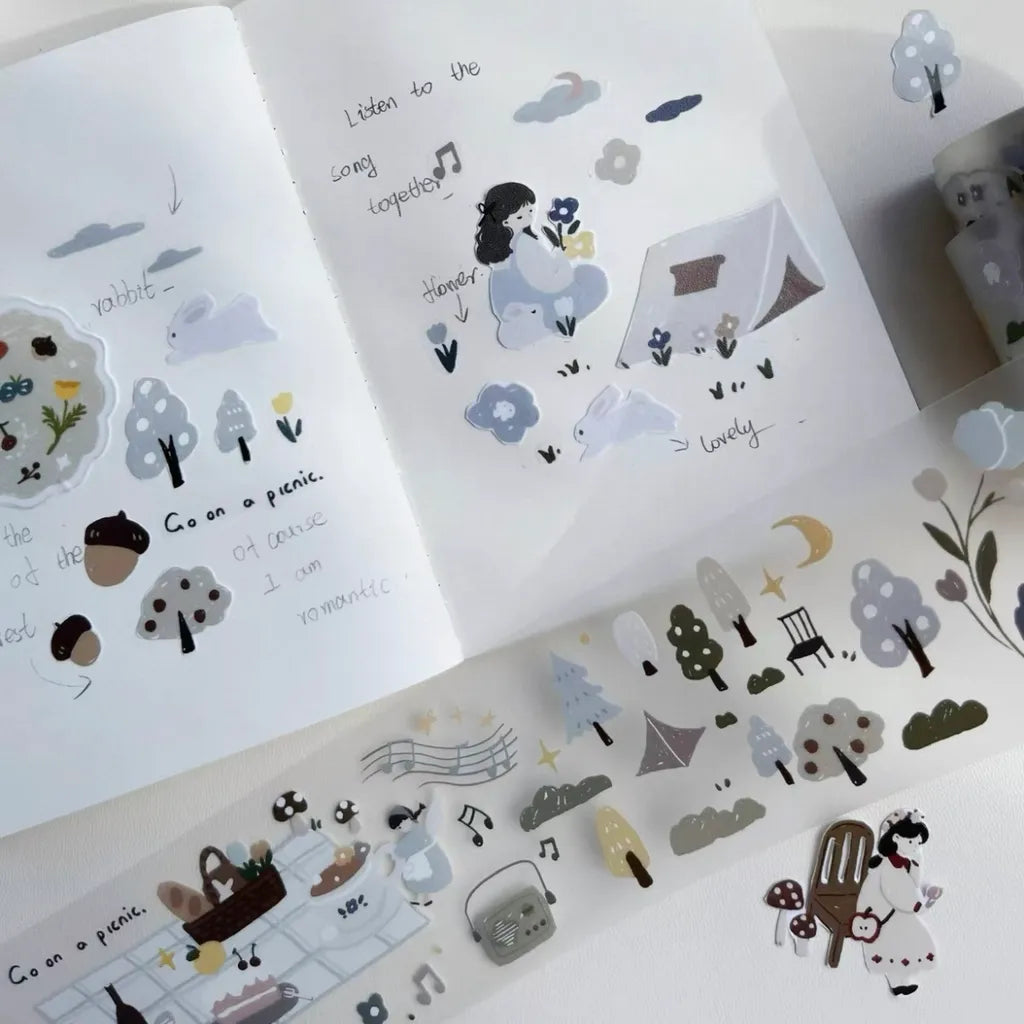 Forest Picnic PET Tape by Yier — woodland trees, tent and rabbit PET tape design, for journaling