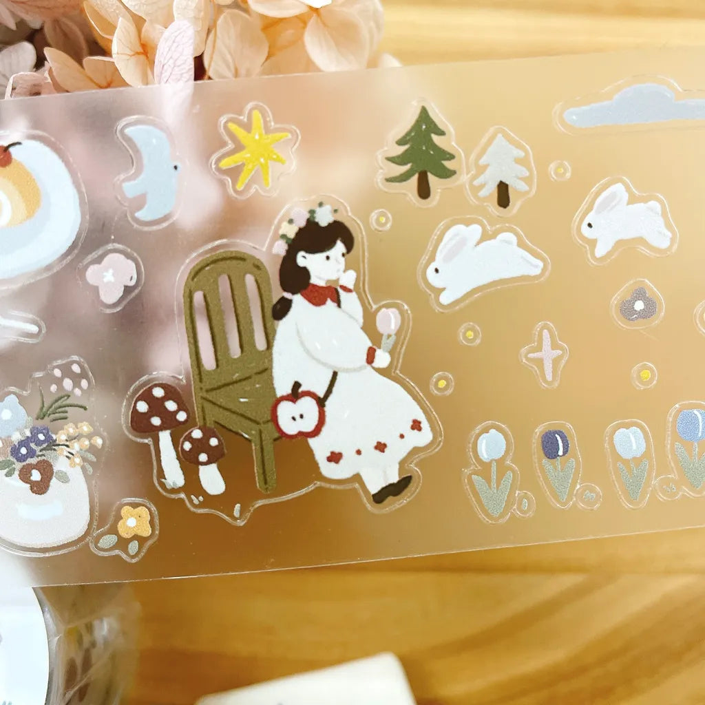 Forest Picnic PET Tape by Yier — girl, rabbits and trees PET tape design close-up, for journaling