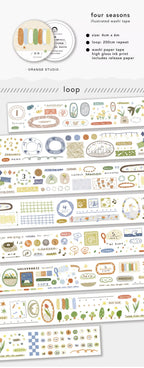 Set of illustrated washi tapes with 'four seasons' design on a white background.
