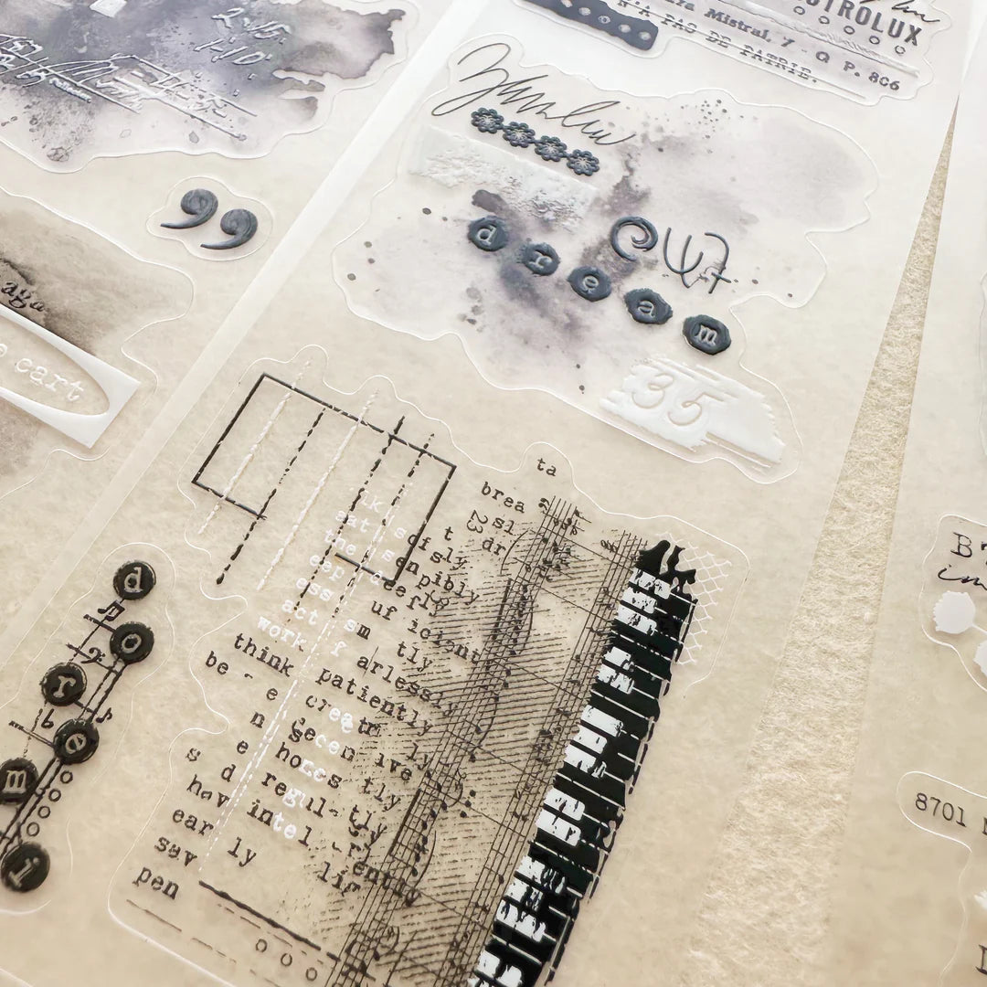 Fragment Crystal PET Tape musical notes, text and deco elements on a textured backdrop