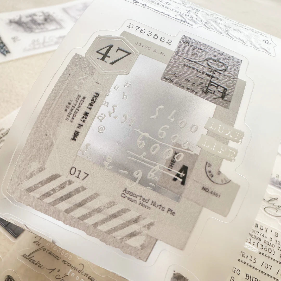 Fragment Crystal PET Tape collage of vintage labels and documents with text and numbers