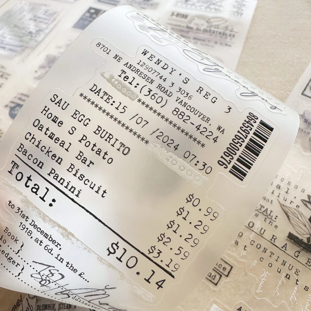 Close-up of a Fragment Crystal PET Tape vintage receipt-style design with itemized text