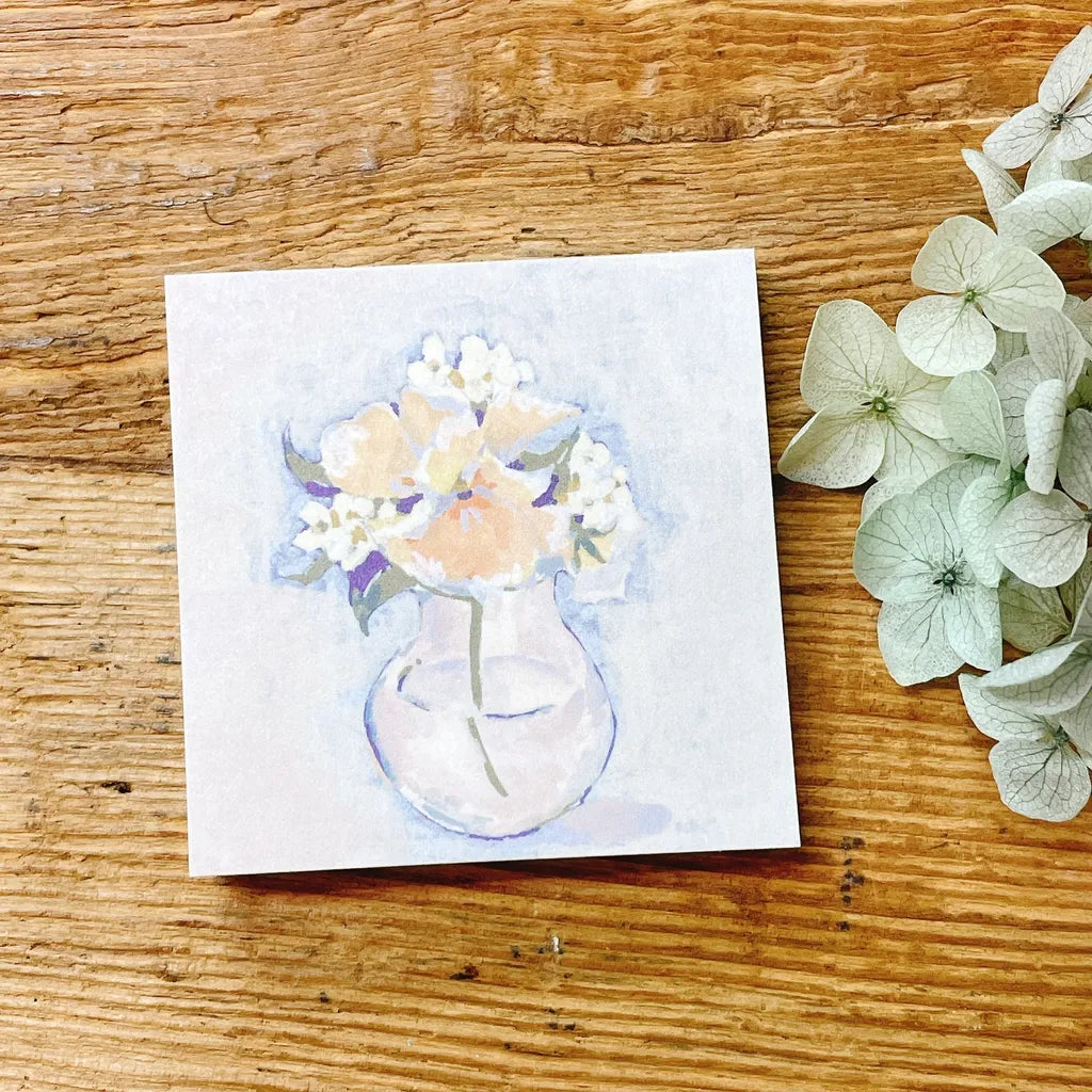 Vase Memo Pad by Freckles Tea with watercolor flowers-in-vase art styled beside hydrangeas