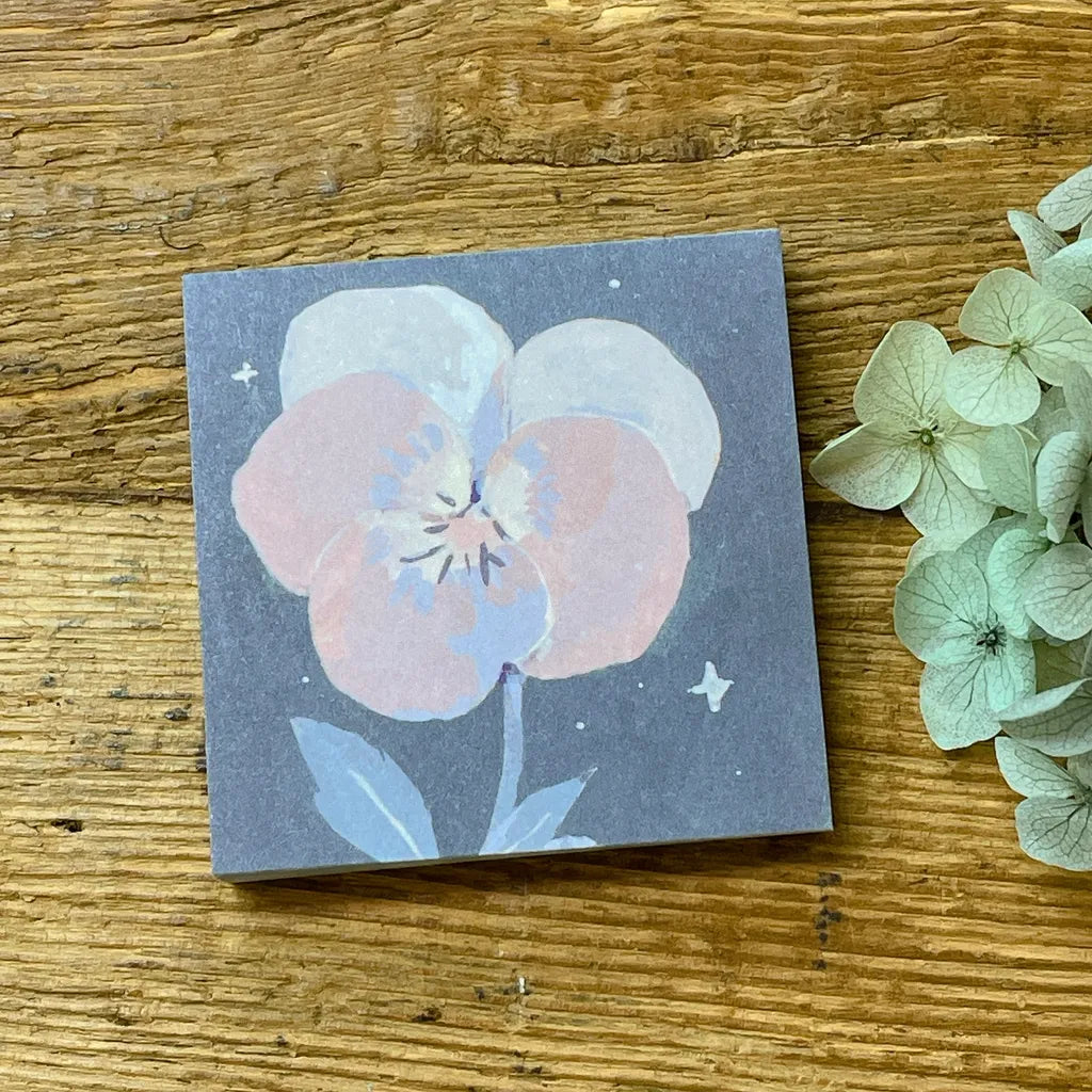 Viola Macrocarpa Memo Pad by Freckles Tea, small square pad with floral design on wood