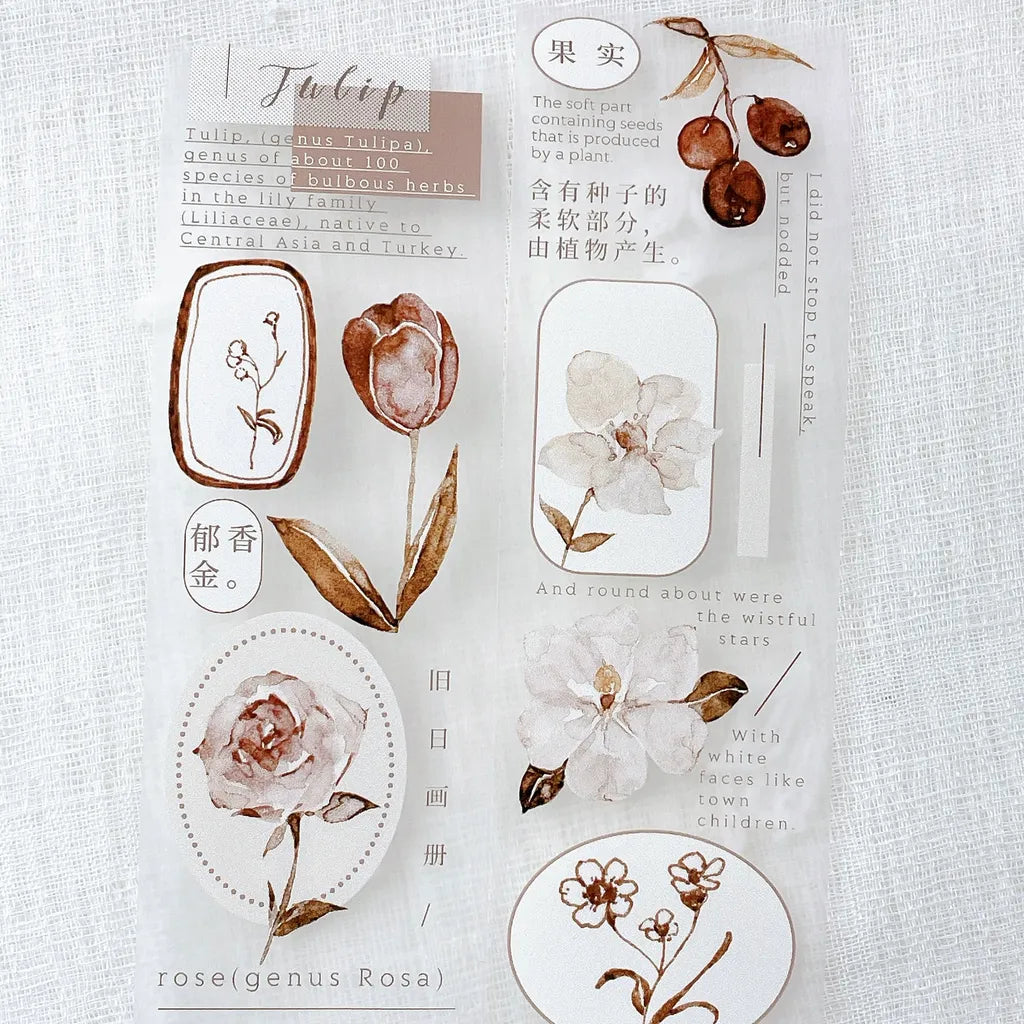 Freckles Tea Vol.3 Autumn Leaf PET Tape floral designs with text on textured white