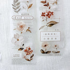 Decorative stickers with floral designs and text on a textured background