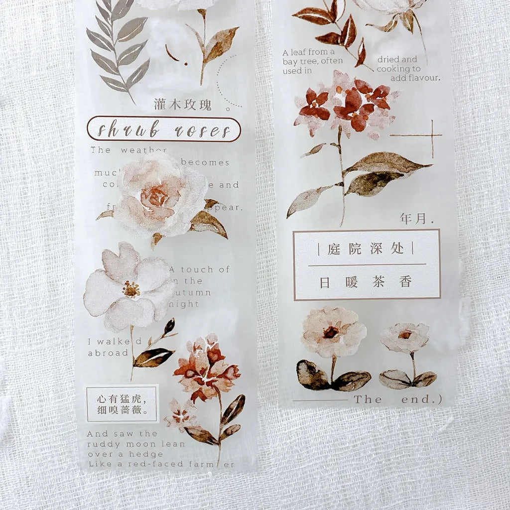 Decorative stickers with floral designs and text on a textured background
