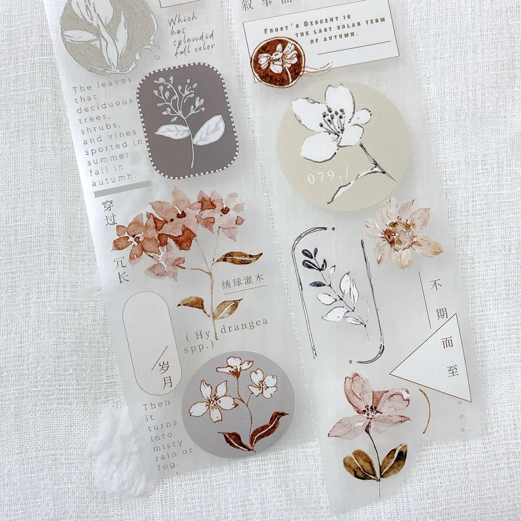 Set of floral and nature-themed stickers on a textured white background