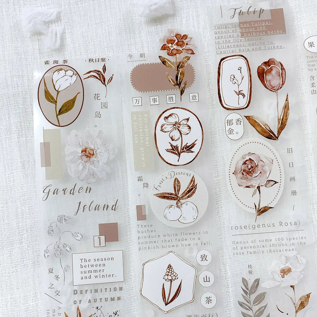 Decorative sheet with floral designs and text on a textured white background