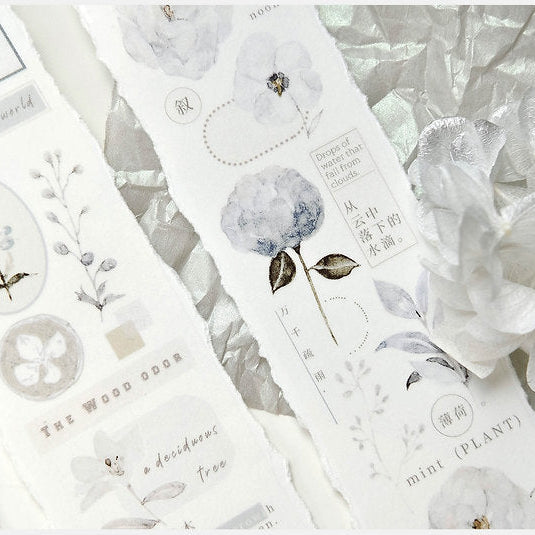 Cicada Shigure PET Tape by Freckles Tea with muted floral designs on a white background