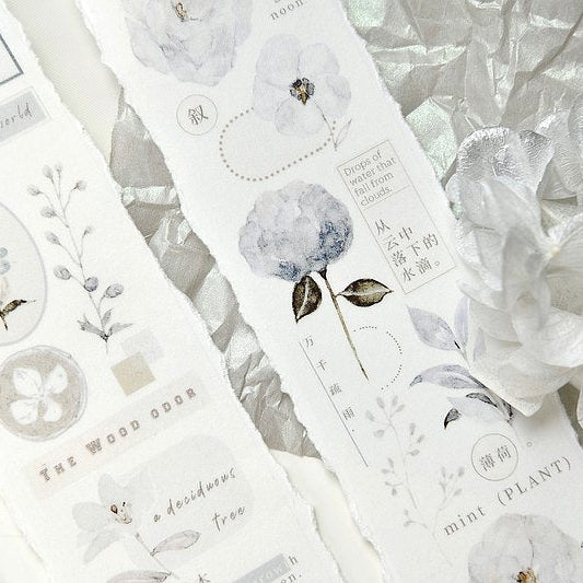 Set of Cicada Shigure PET Tape gentle floral sticker designs on a white background
