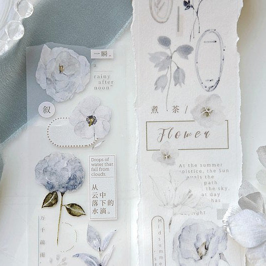 Cicada Shigure PET Tape stationery set with florals and text on a white background