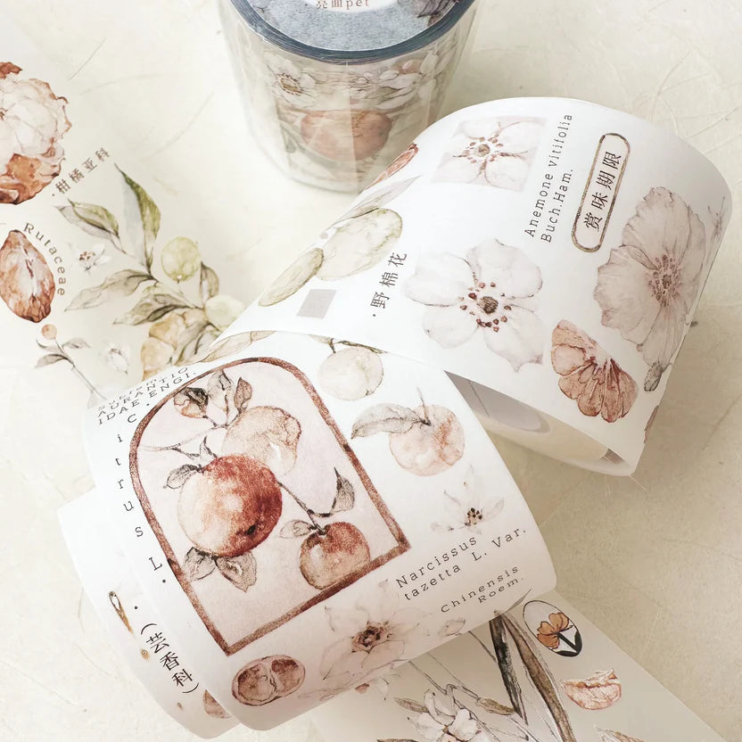 Decorative tape rolls with floral and fruit designs on a light background