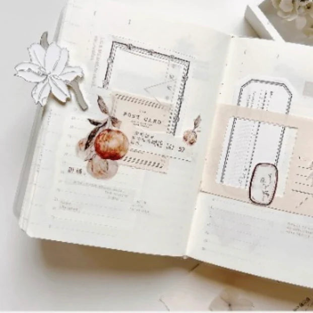 Open notebook decorated with Freckles Tea Vol.3 Citrus Washi Tape elements on a light backdrop