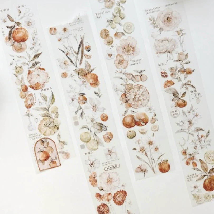 Freckles Tea Vol.3 Citrus Washi Tape border strips with floral and fruit motifs on white