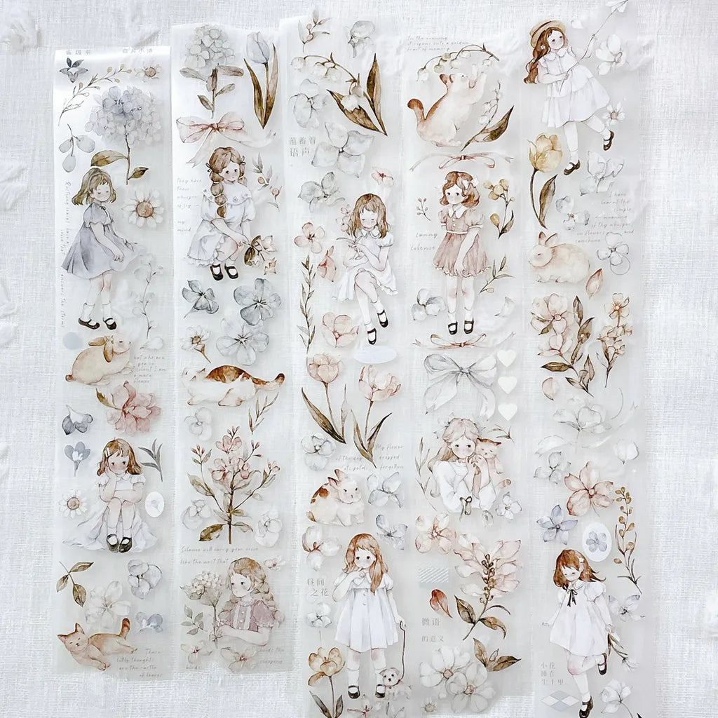 Decorative paper sheet with illustrated girls and flowers on a textured white background