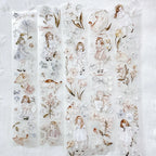 Decorative paper sheet with illustrated girls and flowers on a textured white background