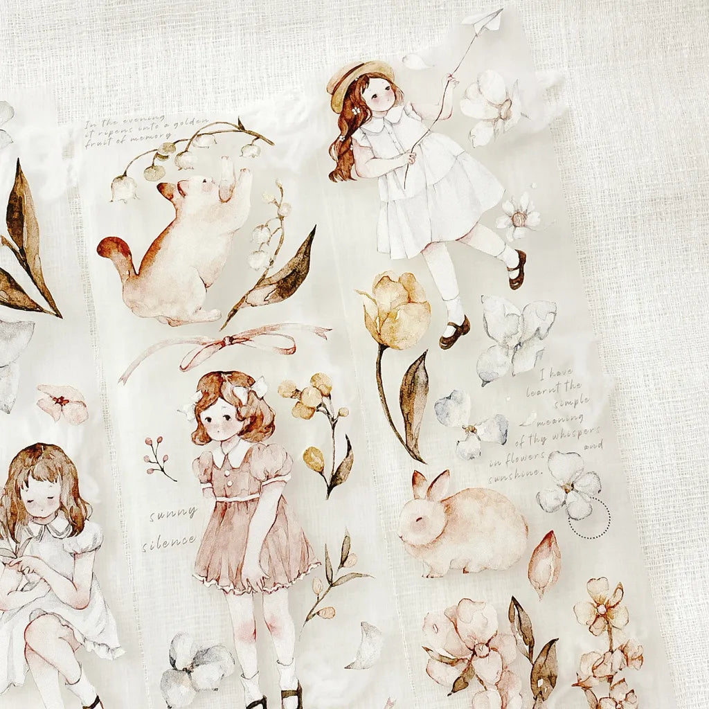 Illustrations of girls, animals, and flowers on a textured fabric background