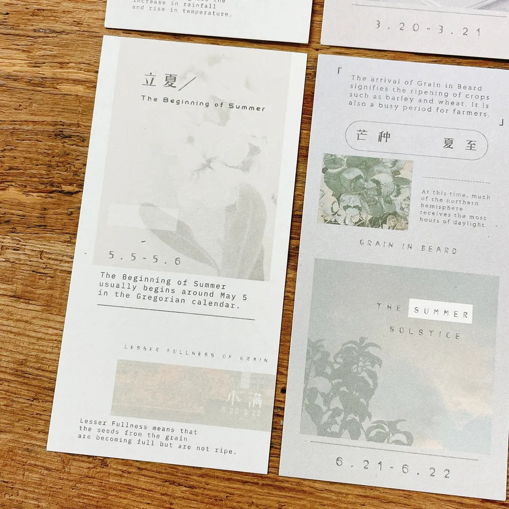 Solar Terms Memo Pad Vol. 3 cards with text and small images arranged on a wooden desk
