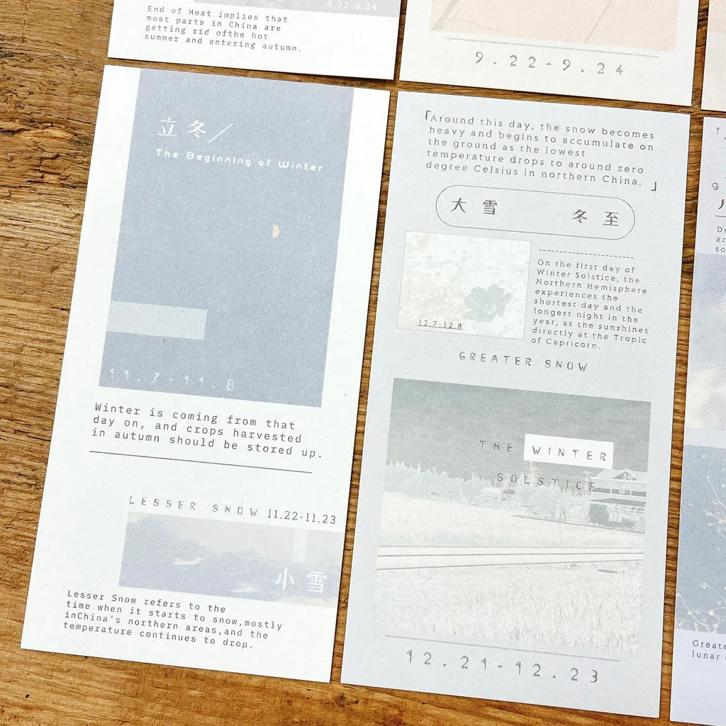 Solar Terms Memo Pad Vol. 3 cards with Chinese solar term characters and dates on wood