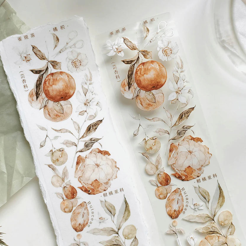 Freckles Tea Vol.3 Tangerine PET Tape floral and citrus design styled on fabric on white