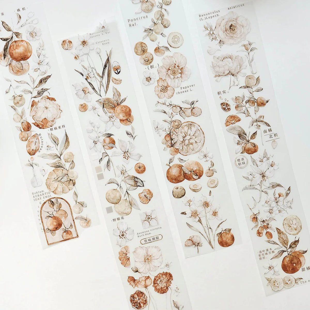 Tangerine PET Tape strips with floral and fruit patterns laid out on a white background