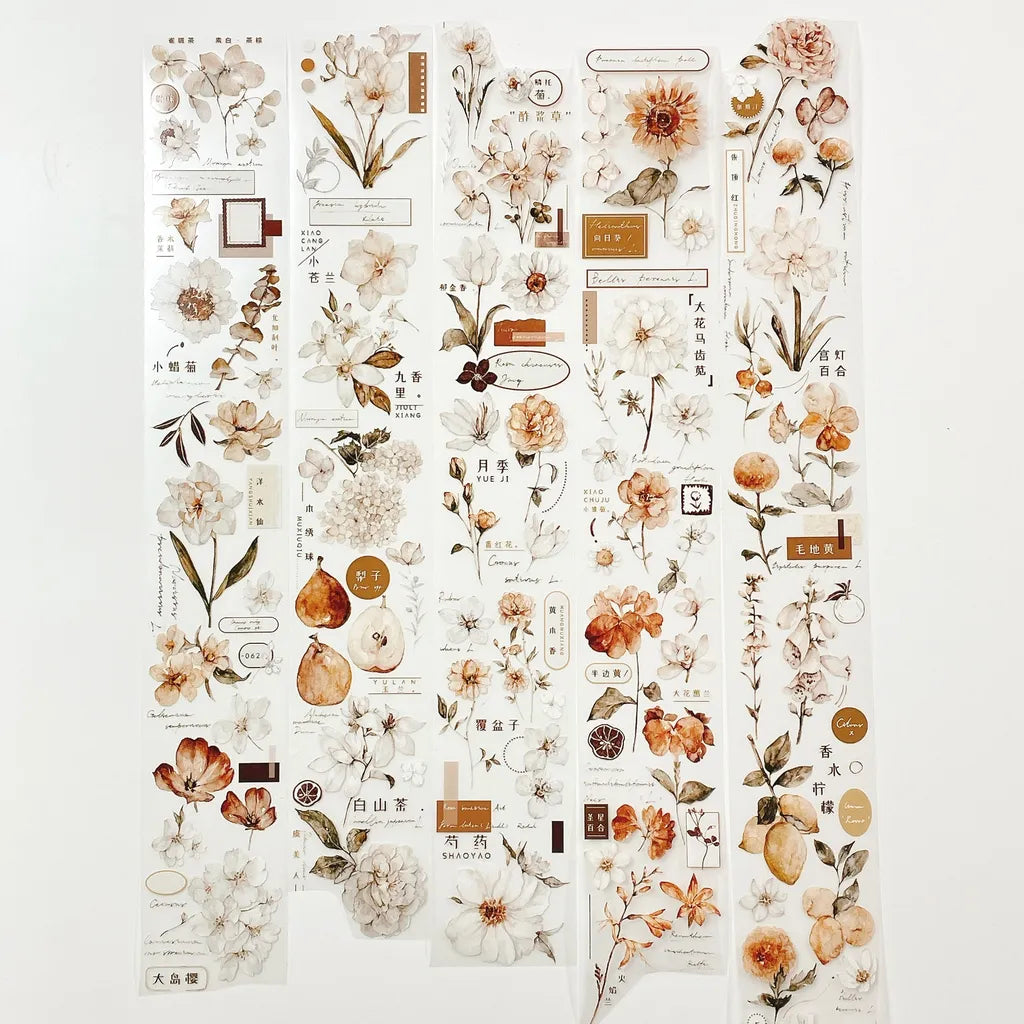 Set of floral and tea-themed stickers on a white background