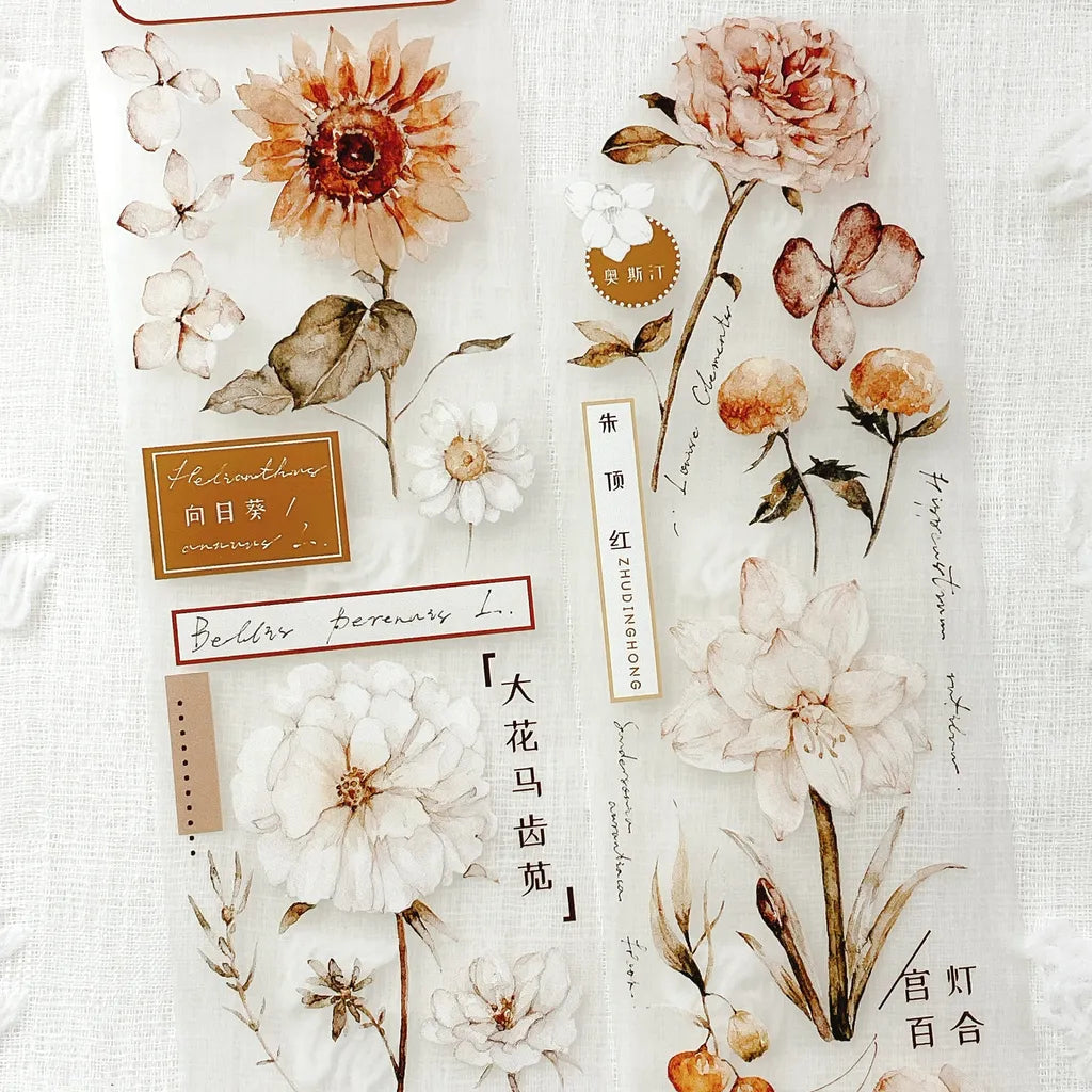 Decorative stickers with floral designs and text on a textured white background