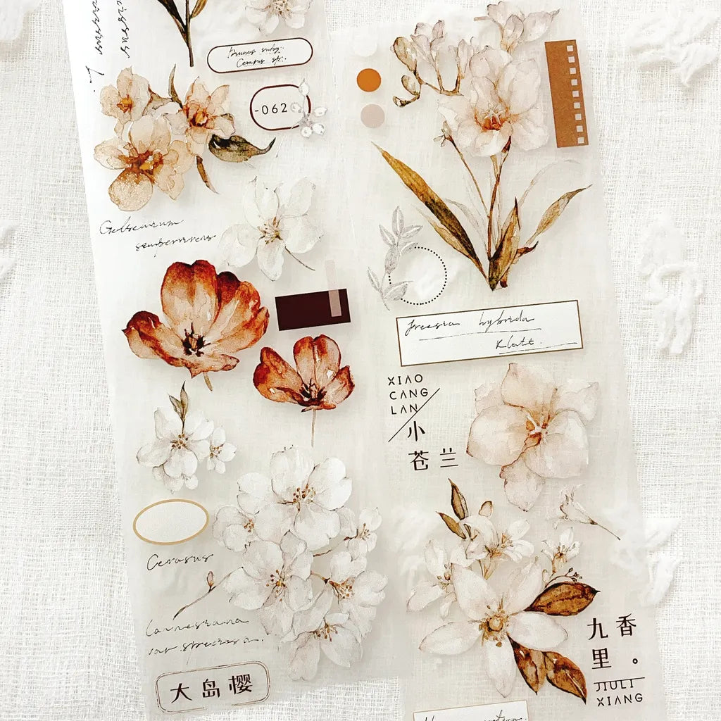 Decorative floral stickers with labels on a textured white background