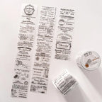 Collection of vintage-style labels and a stamp on a white background