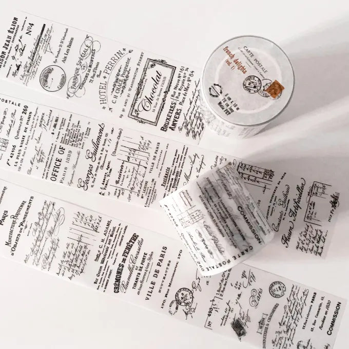 Translucent French Delights Vol.1 PET Tape text and graphic designs on a white surface