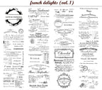 Collection of vintage French labels and documents with decorative fonts and graphics.