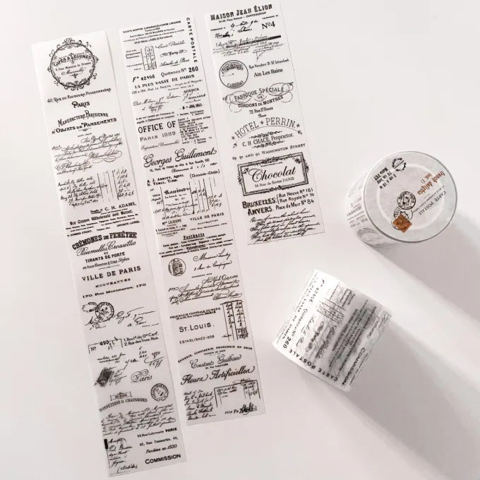 French Delights Vol.1 PET Tape vintage label sheet with a small container on light