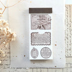 Vintage French label crafting notepad with classic typography, stamps, and botanical elements in neutral tones