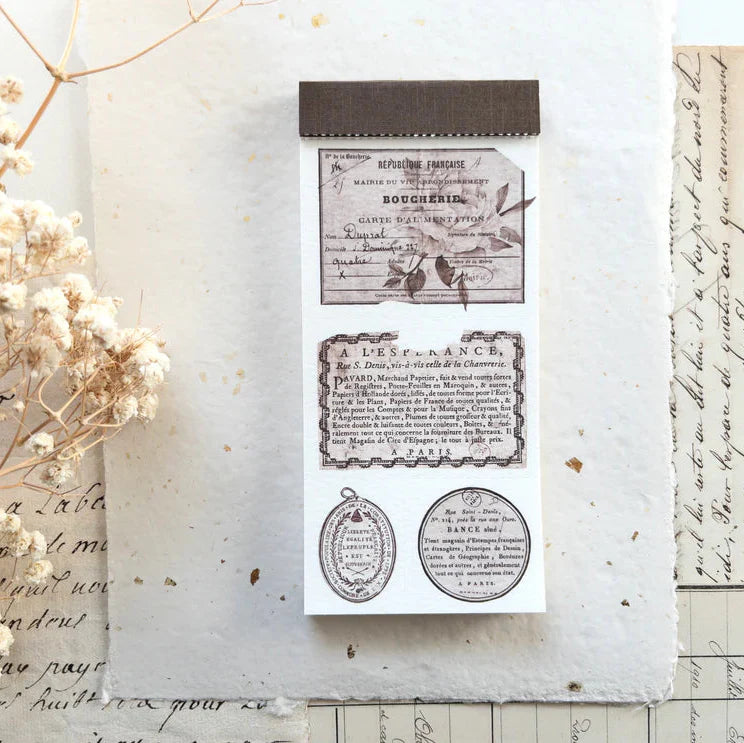 French Labels Crafting Memo Pad with classic typography, stamps and botanicals in neutral tones