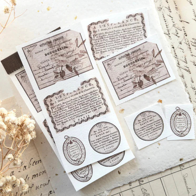 French Labels Crafting Memo Pad sheet with typography and botanical labels on textured paper