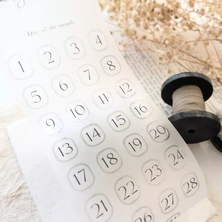 Functional Vol. 1 PET Tape calendar number strip with a spool of thread on a textured surface