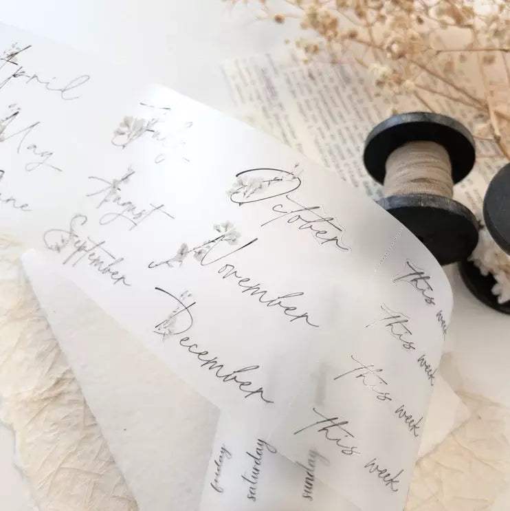 Functional Vol. 1 PET Tape text labels styled on fabric with thread spools on texture