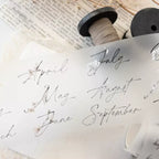 Sheet of paper with months written in cursive, spools of thread in the background