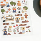Sheet of stickers featuring cartoon bears and farm-related items on a white background.