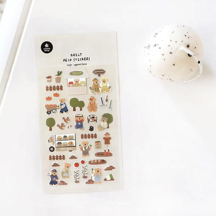 Sheet of decorative stickers with farm-themed illustrations on a white background