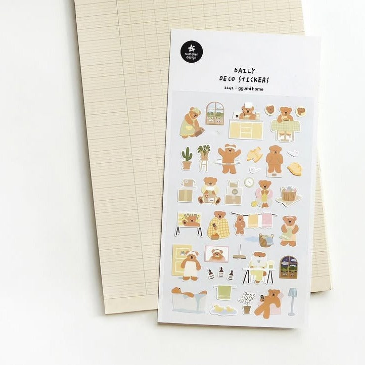 Ggumi Home Sticker Sheet by Suatelier, teddy bear and household illustrations on a white background
