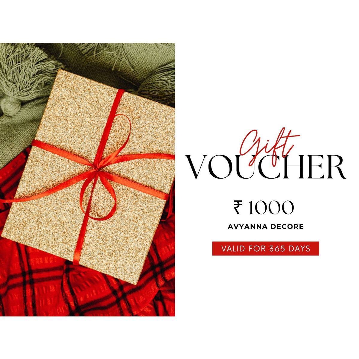 Alternate Avyanna Decore E-Gift Card design with a gift and decorations on white